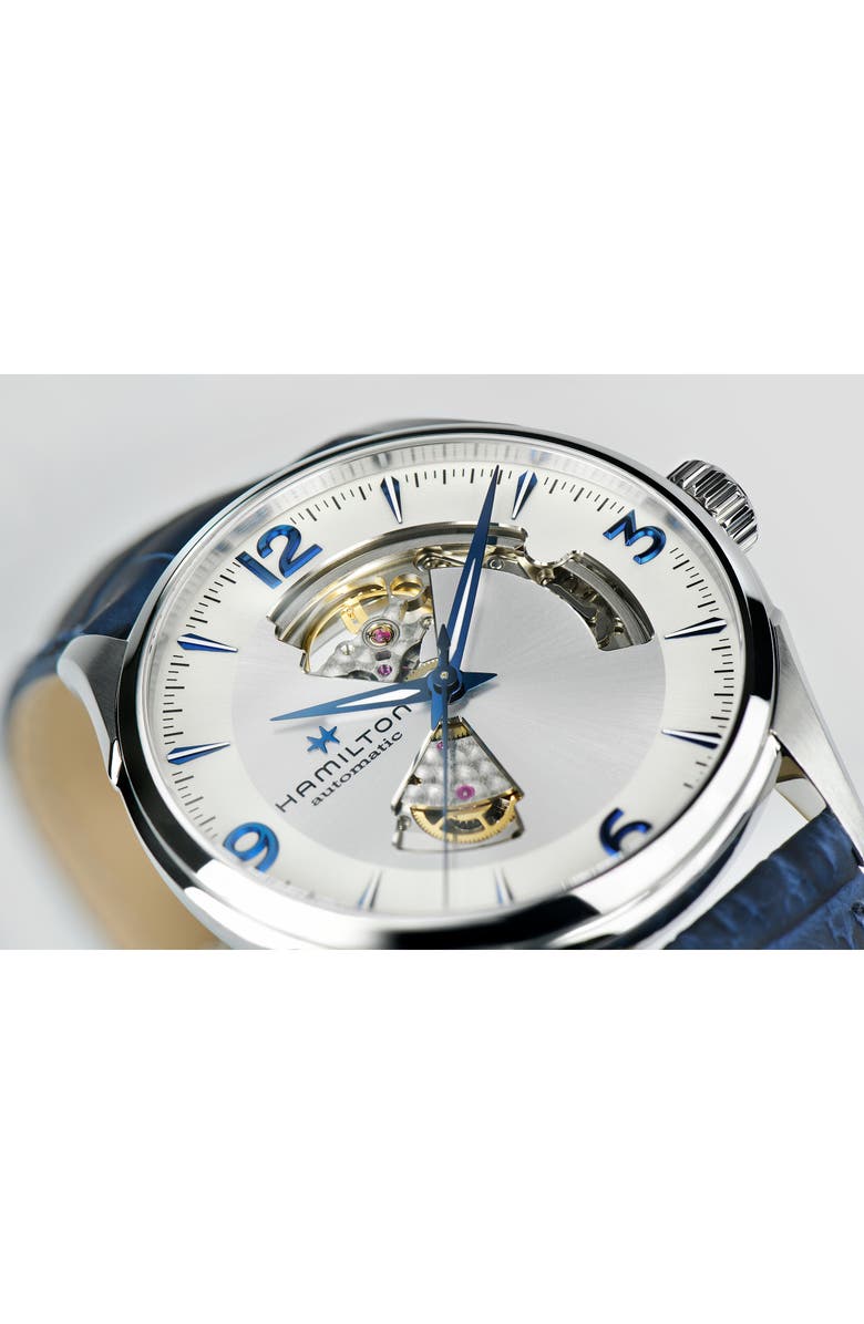 Hamilton Jazzmaster Skeleton Leather Strap Watch, 42mm, Alternate, color, Blue