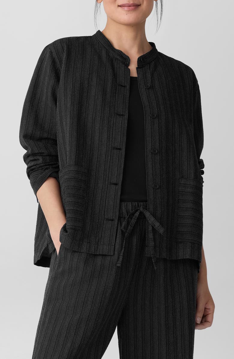 Eileen Fisher Stripe Mandarin Collar Stretch Organic Cotton Blend Shirt Jacket, Main, color, 