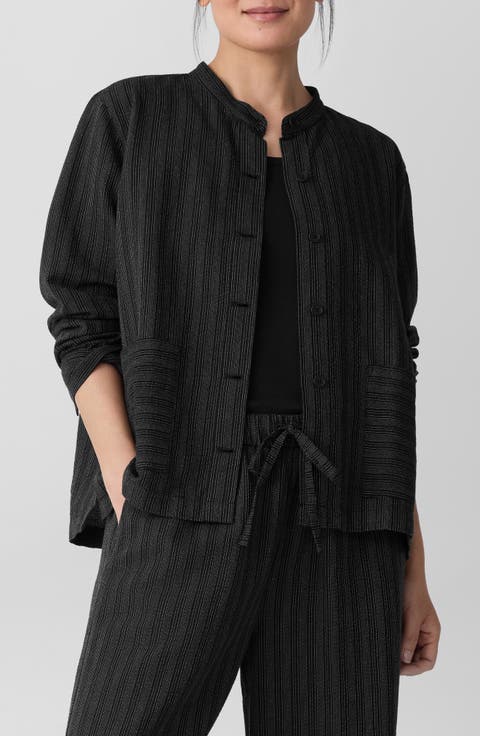 Stripe Mandarin Collar Stretch Organic Cotton Blend Shirt Jacket