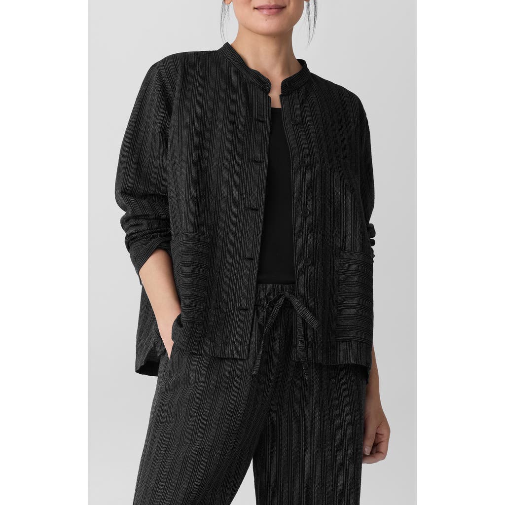 Eileen Fisher Stripe Mandarin Collar Stretch Organic Cotton Blend Shirt Jacket In Black