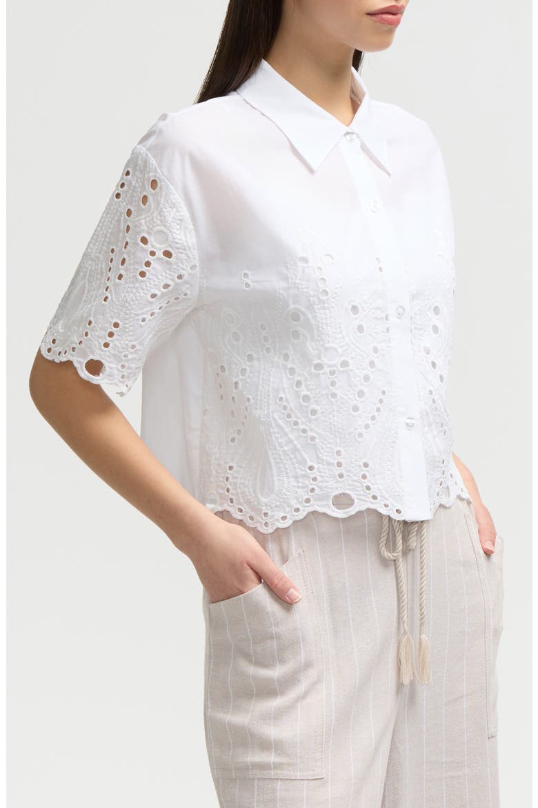 Embroidered Eyelet Cotton Short Sleeve Button-Up Shirt, Alternate, color, WHITE