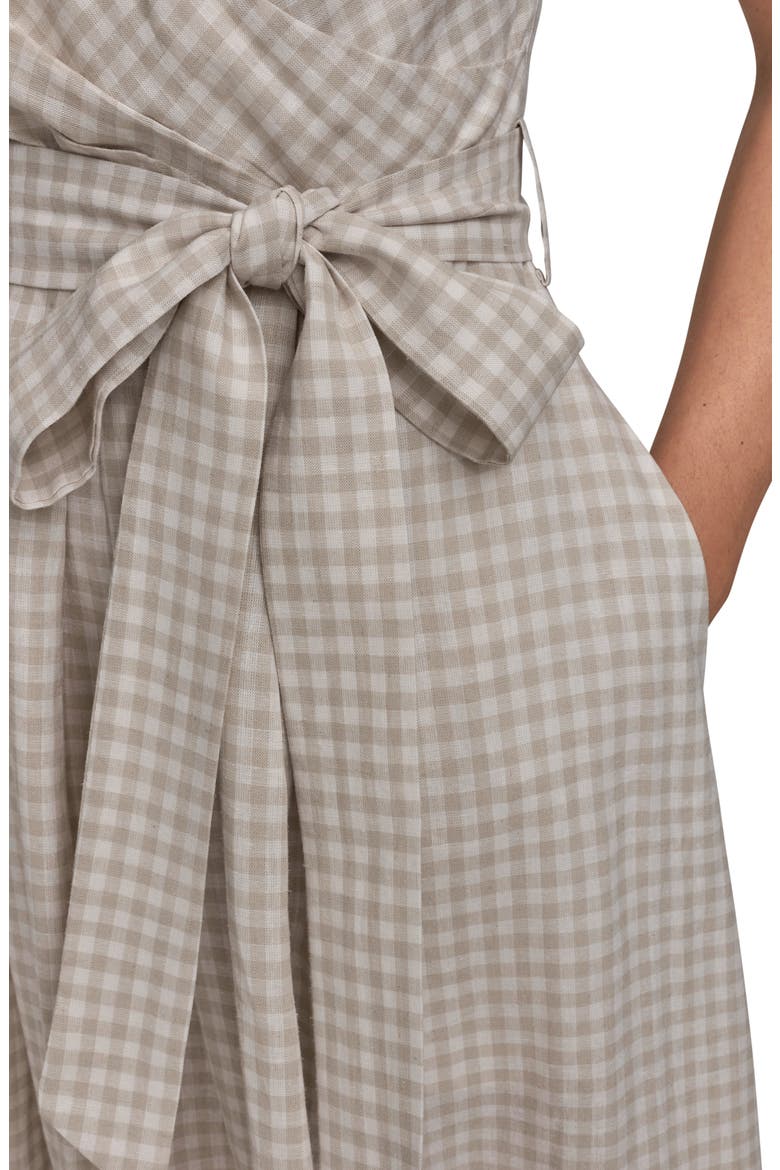 Gingham Linen Blend Faux-Wrap Midi Dress, Alternate, color, TUSCAN GREY