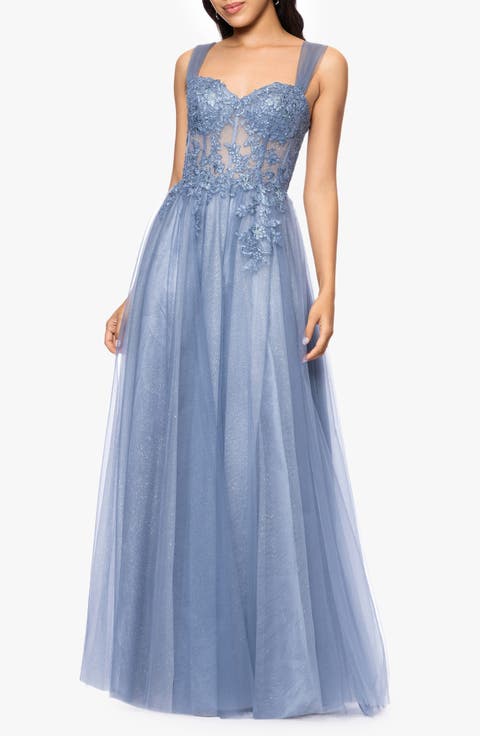 Lace Embellished Corset Glitter Tulle A-Line Gown
