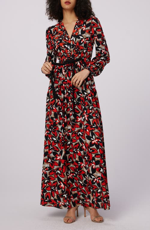 DVF Lilo Floral Long Sleeve Maxi Dress in Fishnet Floral Red Med 