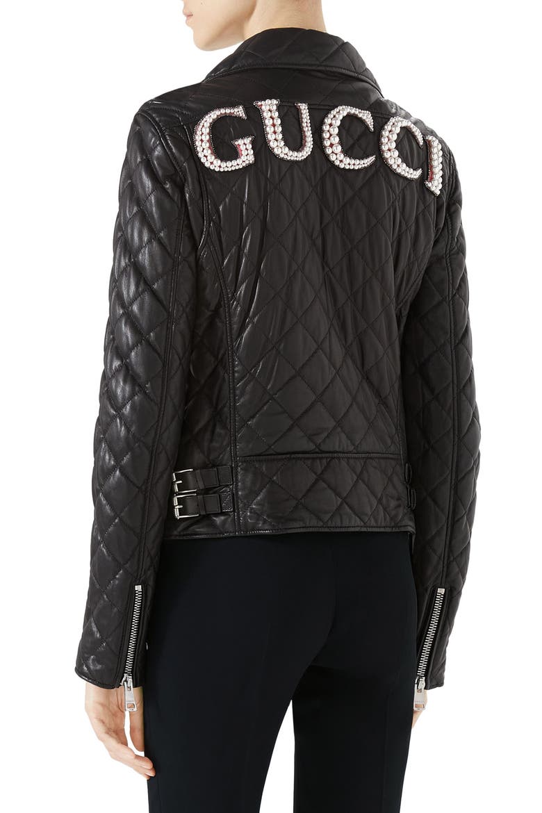 Logo Quilted Leather Biker Jacket, Alternate, color, BLACK
