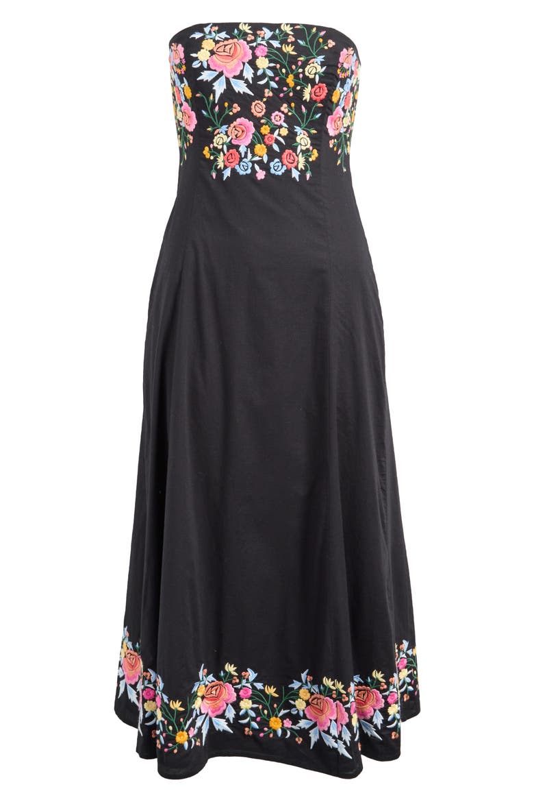 Alpha Embroidered Strapless Midi Dress, Alternate, color, BLACK