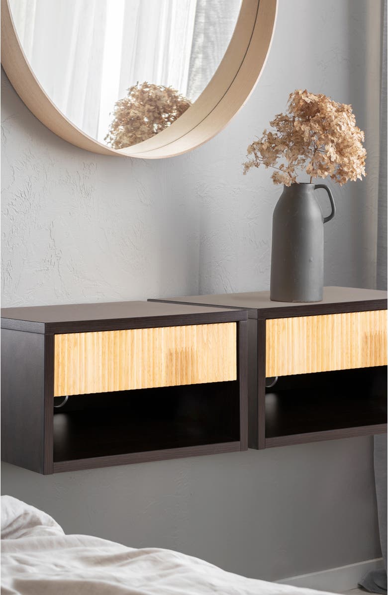 JONATHAN Y Elise Classic Contemporary Floating Wall Mounted Nightstand with Soft-Close Tambour Drawer and Cable Hole, Alternate, color, Black/Light Oak