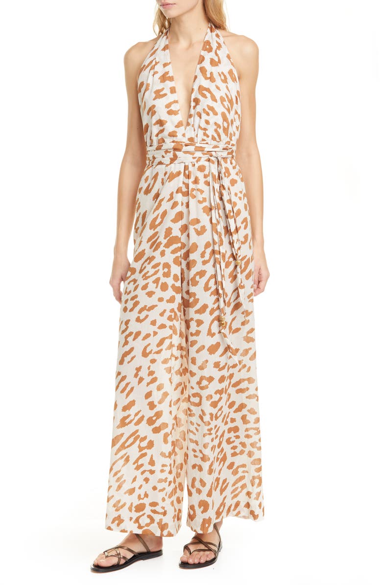 Nanushka Alayna Ocelot Print Organic Cotton Halter Jumpsuit, Alternate, color, 