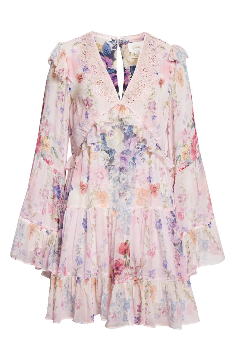 Camilla Floral Long Sleeve Silk Chiffon Tiered Minidress, Main, color, Palatial Pastels