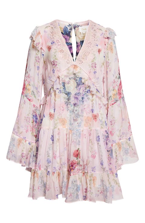 Floral Long Sleeve Silk Chiffon Tiered Minidress