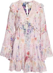 Camilla Floral Long Sleeve Silk Chiffon Tiered Minidress