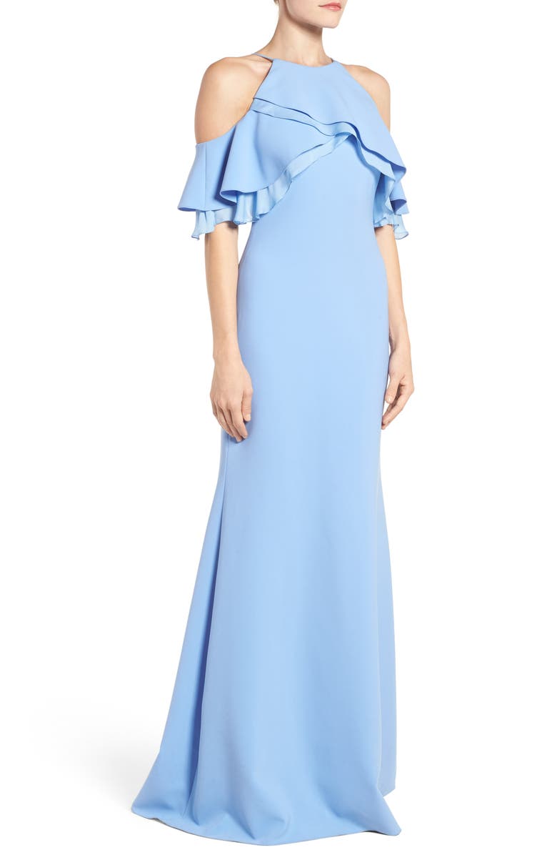 Badgley Mischka Collection Badgley Mischka Ruffle Shoulder Gown, Alternate, color, 