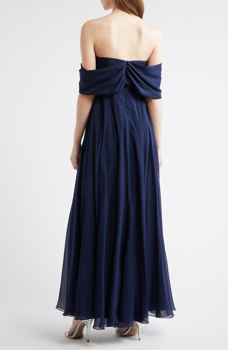 Sachin & Babi Rebecca Rosette Detail Off the Shoulder Silk Chiffon Gown, Alternate, color, Midnight