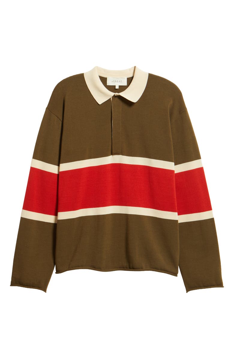 THE GREAT. The Rugby Stripe Sweater, Alternate, color, Army W/ Hot Red Stripe
