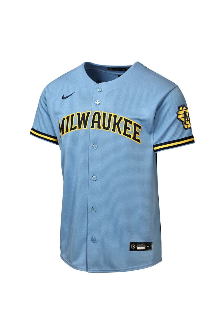 Youth Nike  Powder Blue Milwaukee Brewers Road Stadium Jersey, Alternate, color, Powder Blue