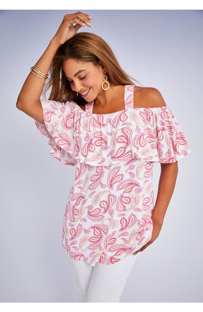 Jessica London Stretch Knit Cold Shoulder Ruffle Tunic, Alternate, color, White Palm Garden