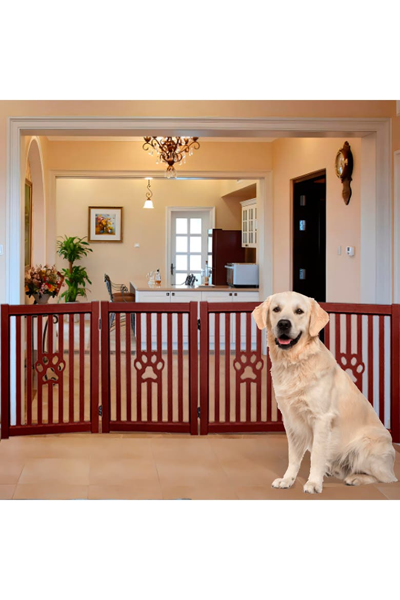 4 Panel Dog Wooden Foldable Gate, Mahogany, Alternate, color, Red