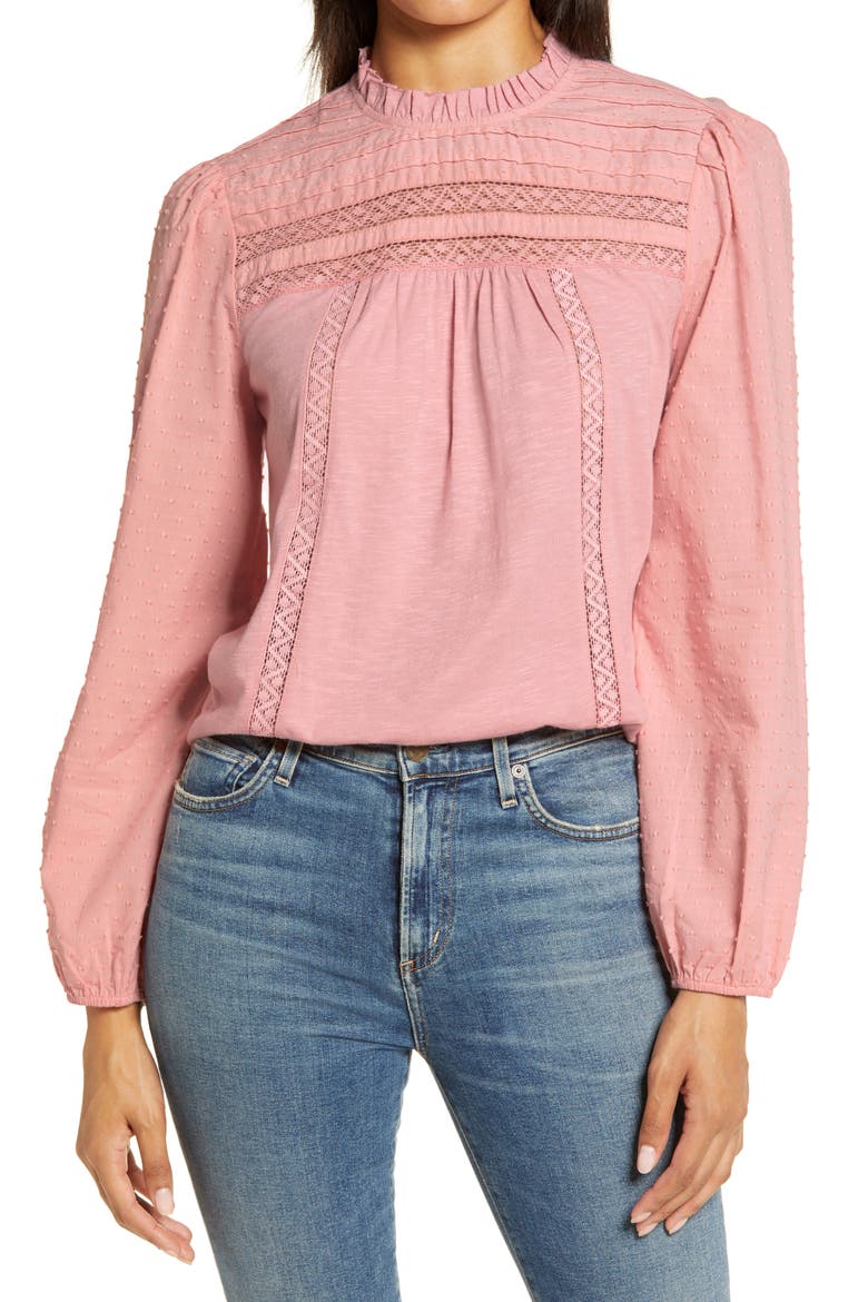 Pintuck Lace Detail Long Sleeve Cotton Blouse, Main, color, PINK BRIDE
