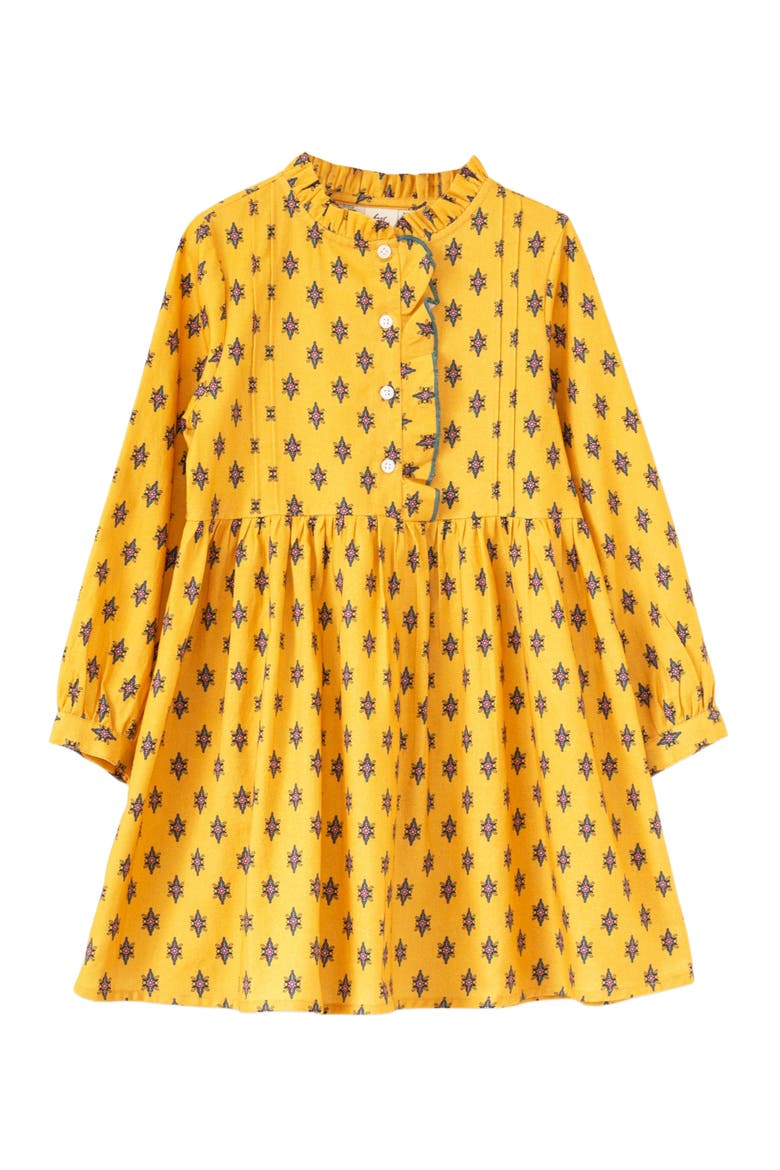 Toddler Girls' Long Sleeves Dress with Front Ruffle| Yellow and Pink, Main, color, Yellow and Pink