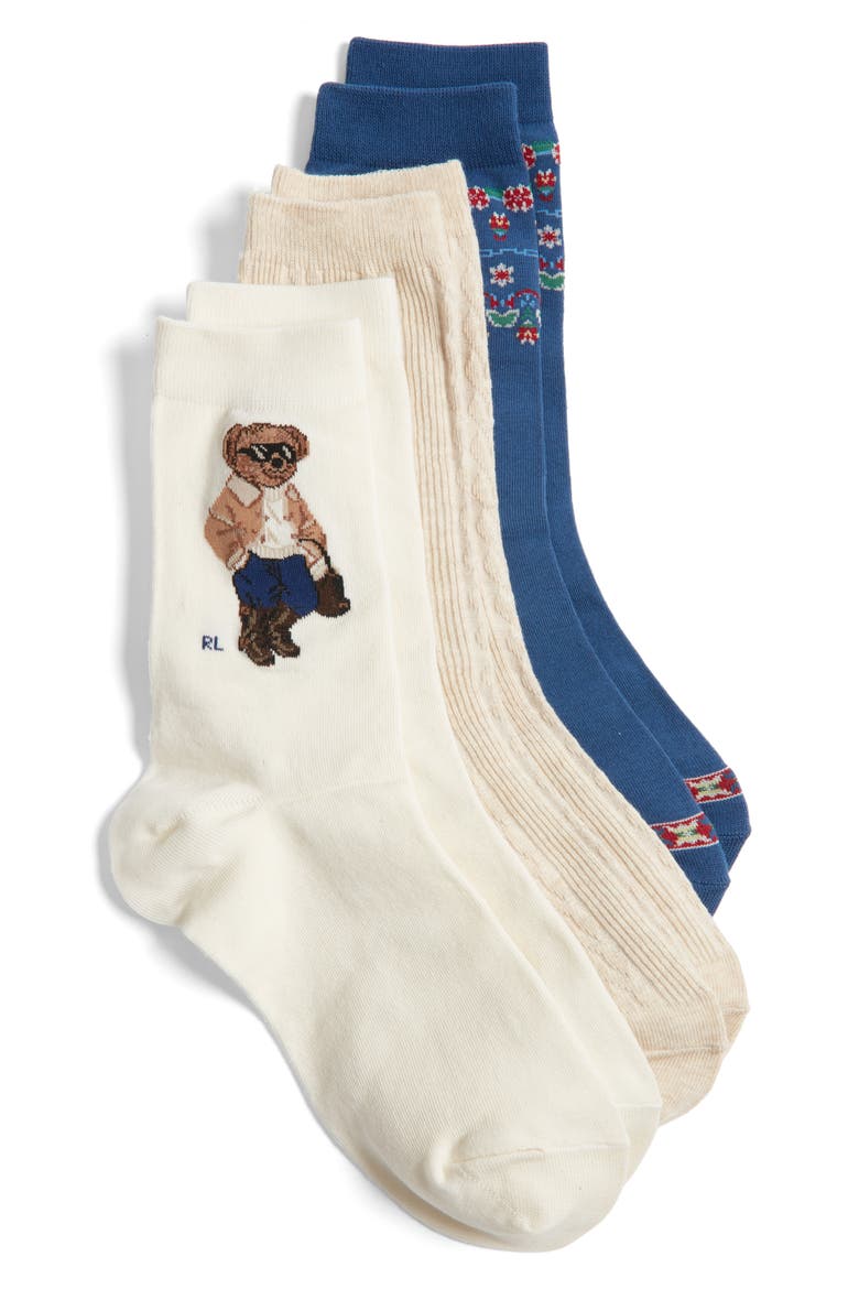 Winter Bear 3-Pack Crew Socks, Alternate, color, IVORY