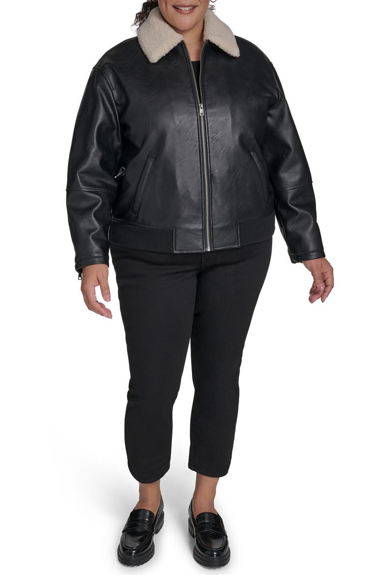 Faux Leather Bomber Jacket with Faux Shearling Collar, Alternate, color, BLACK