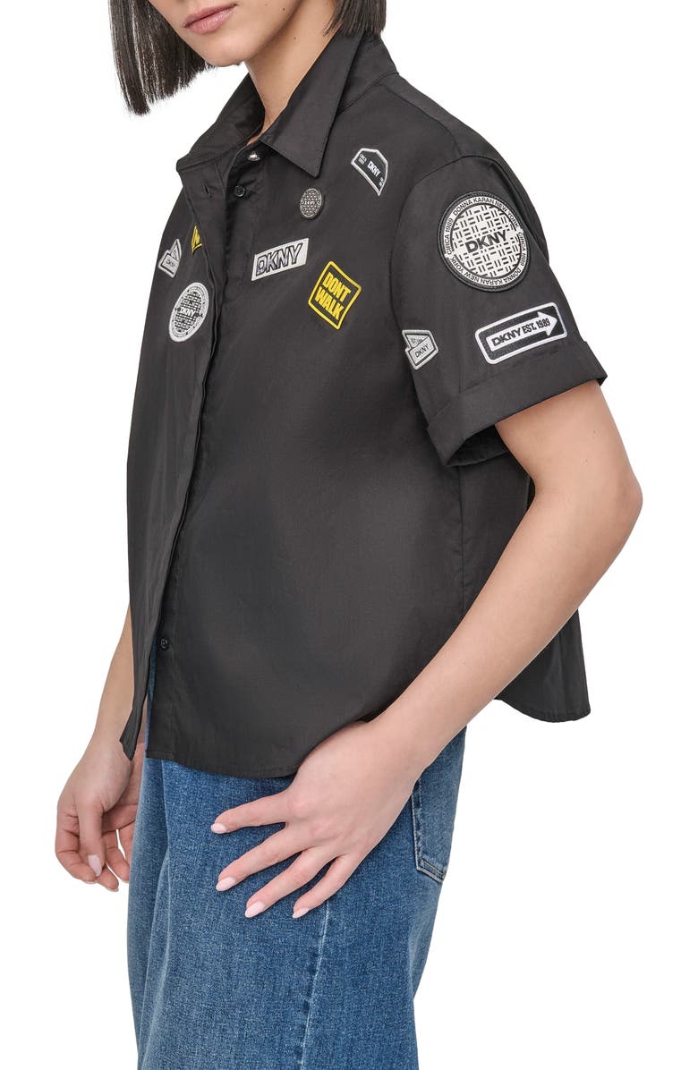 DKNY Pins & Patches Short Sleeve Button-Up Shirt, Alternate, color, 