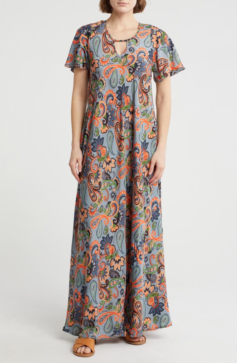 La Fiorentina Paisley Cover-Up Beach Dress, Main, color, Blue/Orange