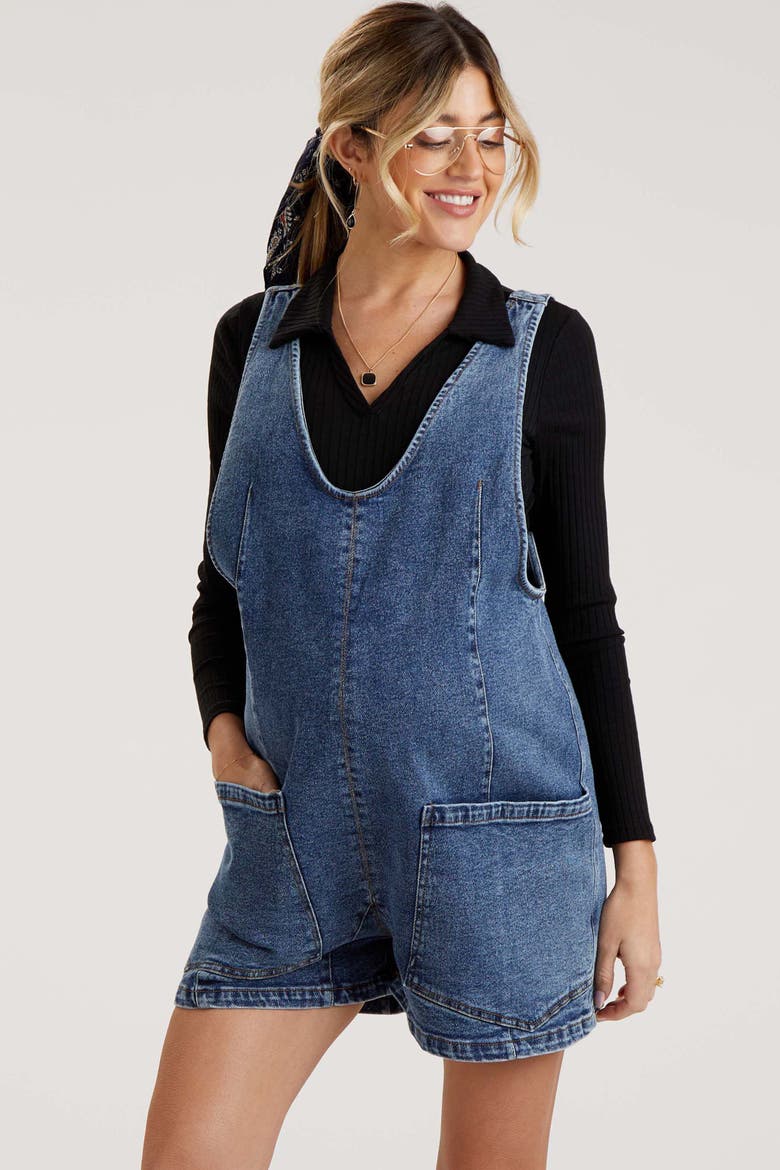 Denim Scoop Neck Short Overall, Alternate, color, Blue