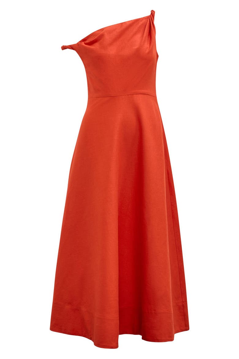 Vinetta One-Shoulder Linen Blend Midi Dress, Alternate, color, SPICY ORANGE