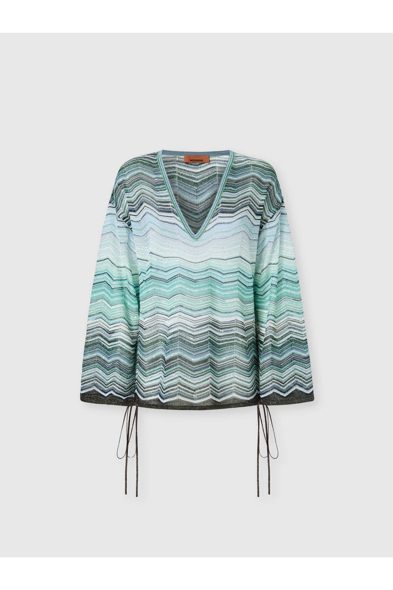 Oversized Blouse In Viscose Chevron Lamé With Sequins, Main, color, Turquoise