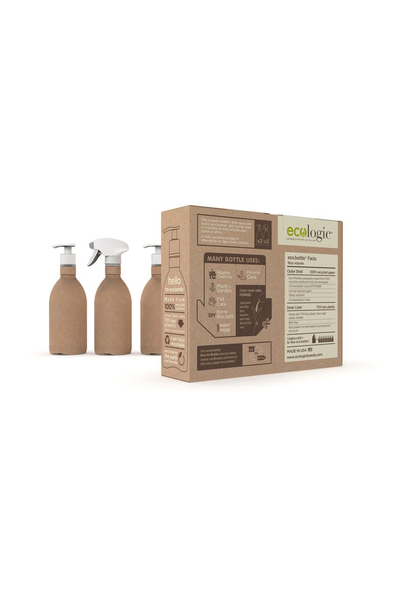 Kit of Four Refillable, Recyclable, Renewable, Containers ,Two Sprayers and Two Pumps, Alternate, color, Brown