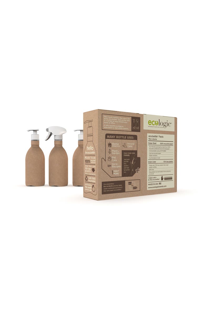 Ecologic Brands Kit of Four Refillable, Recyclable, Renewable, Containers ,Two Sprayers and Two Pumps, Alternate, color, Brown