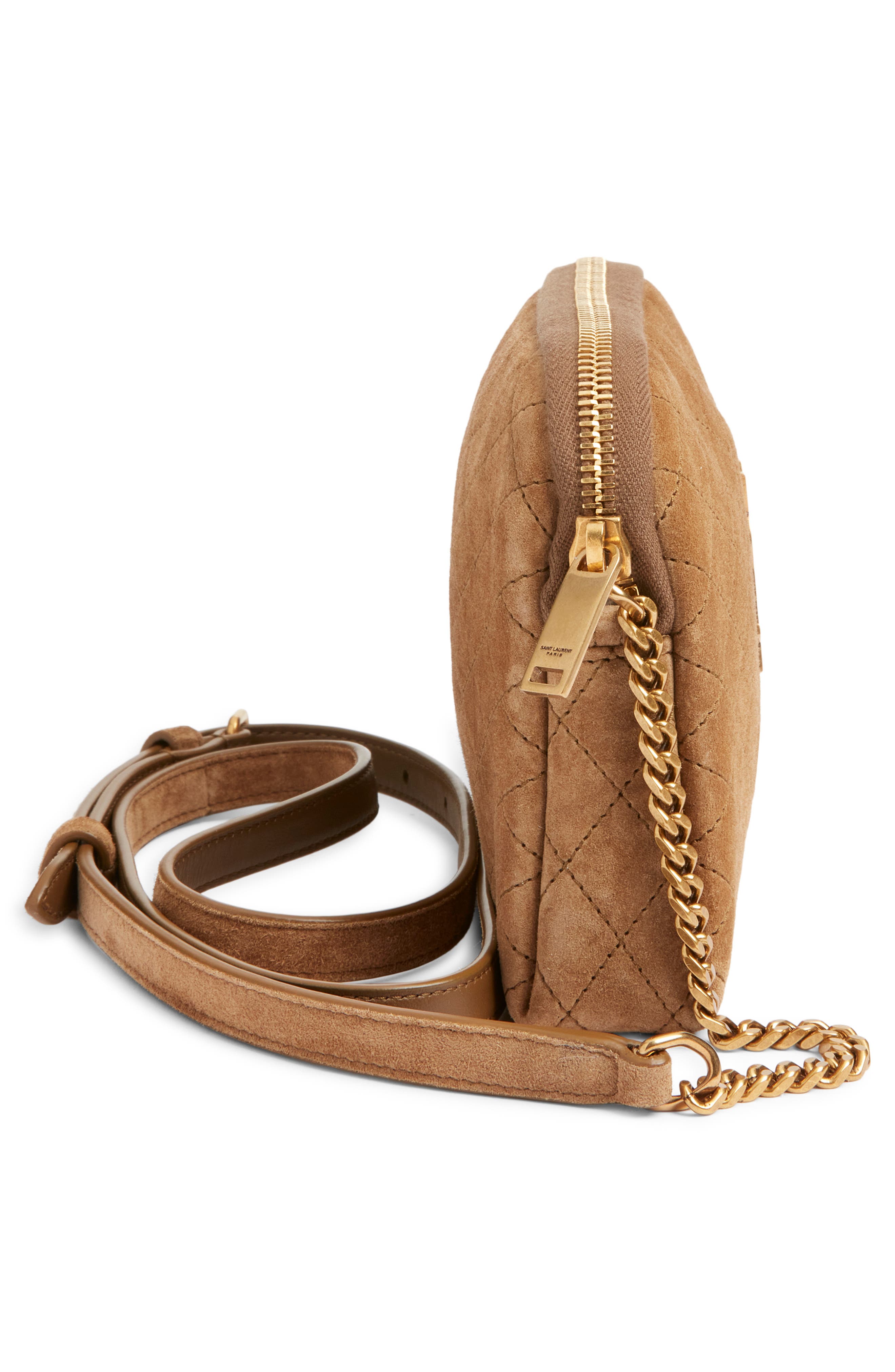 Saint Laurent Gaby Cassandre Quilted Suede Crossbody Pouch, Alternate, color, Golden Leaf