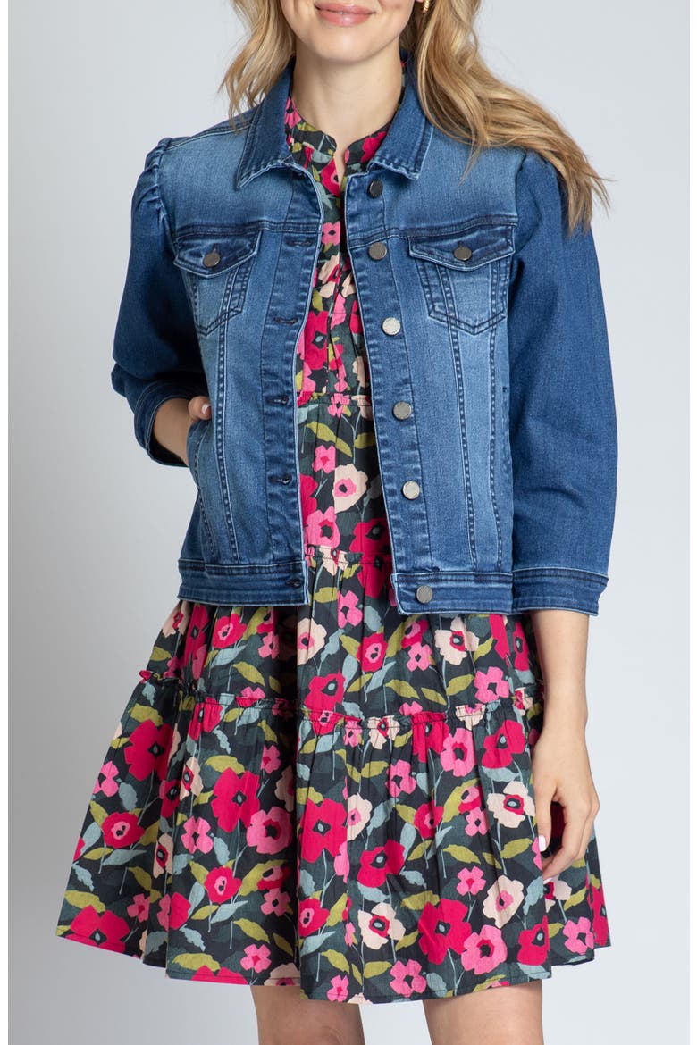 Puff Sleeve Denim Jacket, Main, color, MEDIUM INDIGO