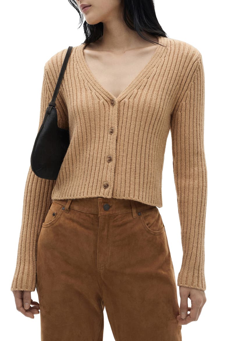 V-Neck Rib Cardigan, Main, color, MEDIUM BROWN