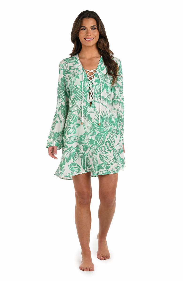 La Blanca Batiki V-Neck Cover-Up Tunic, Alternate, color, Eucalyptus