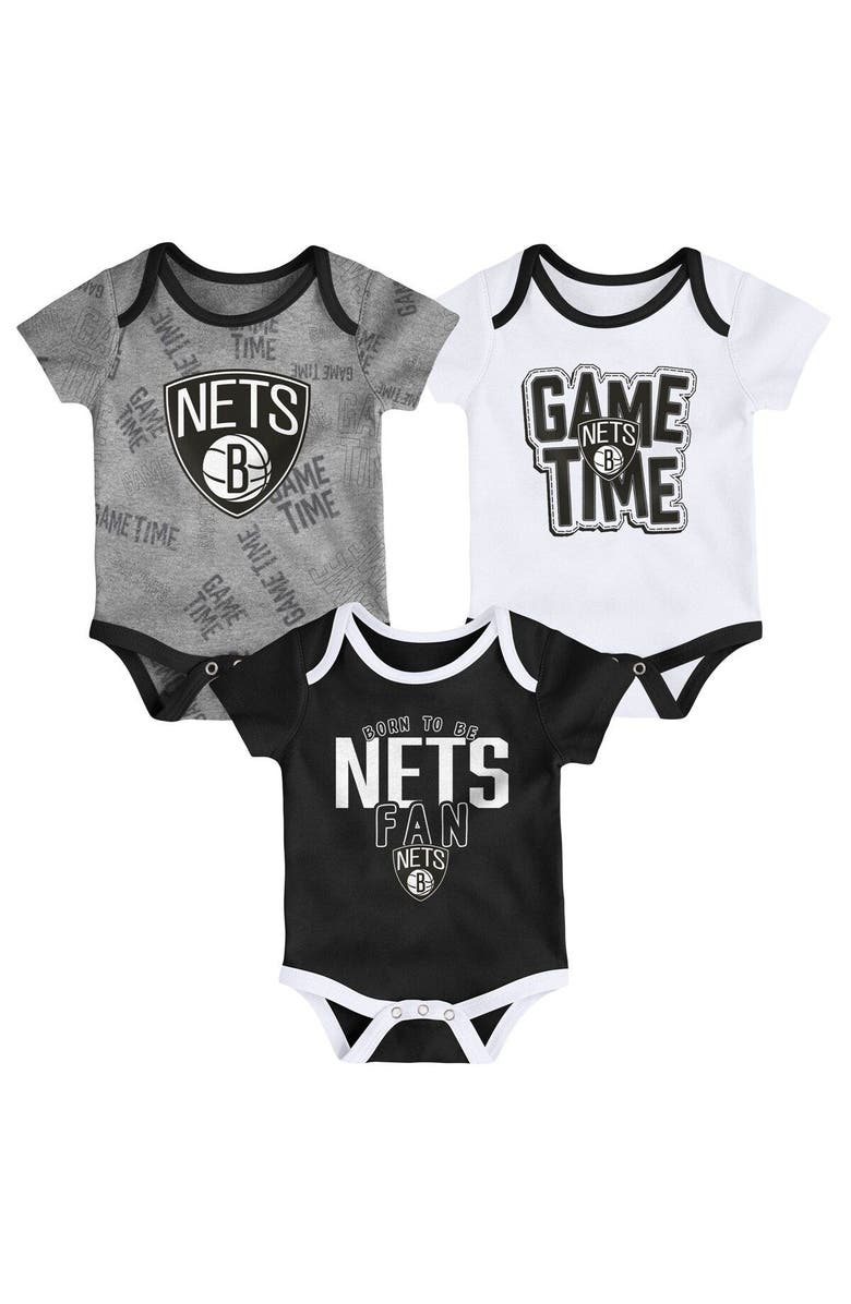 Outerstuff Infant Black/White/Heathered Gray Brooklyn Nets Game Time Three-Piece Bodysuit Set, Main, color, Black