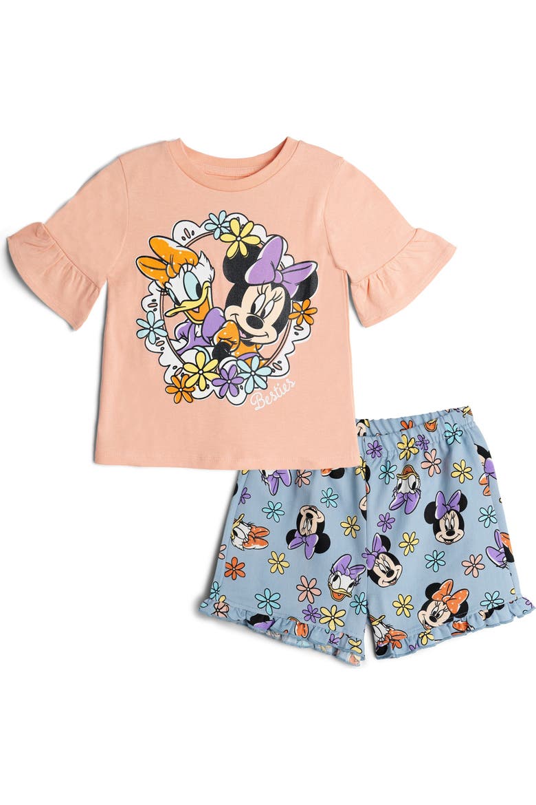 Minnie Mouse T-Shirt and Chambray Shorts Set, Main, color, Peach Minnie Daisy