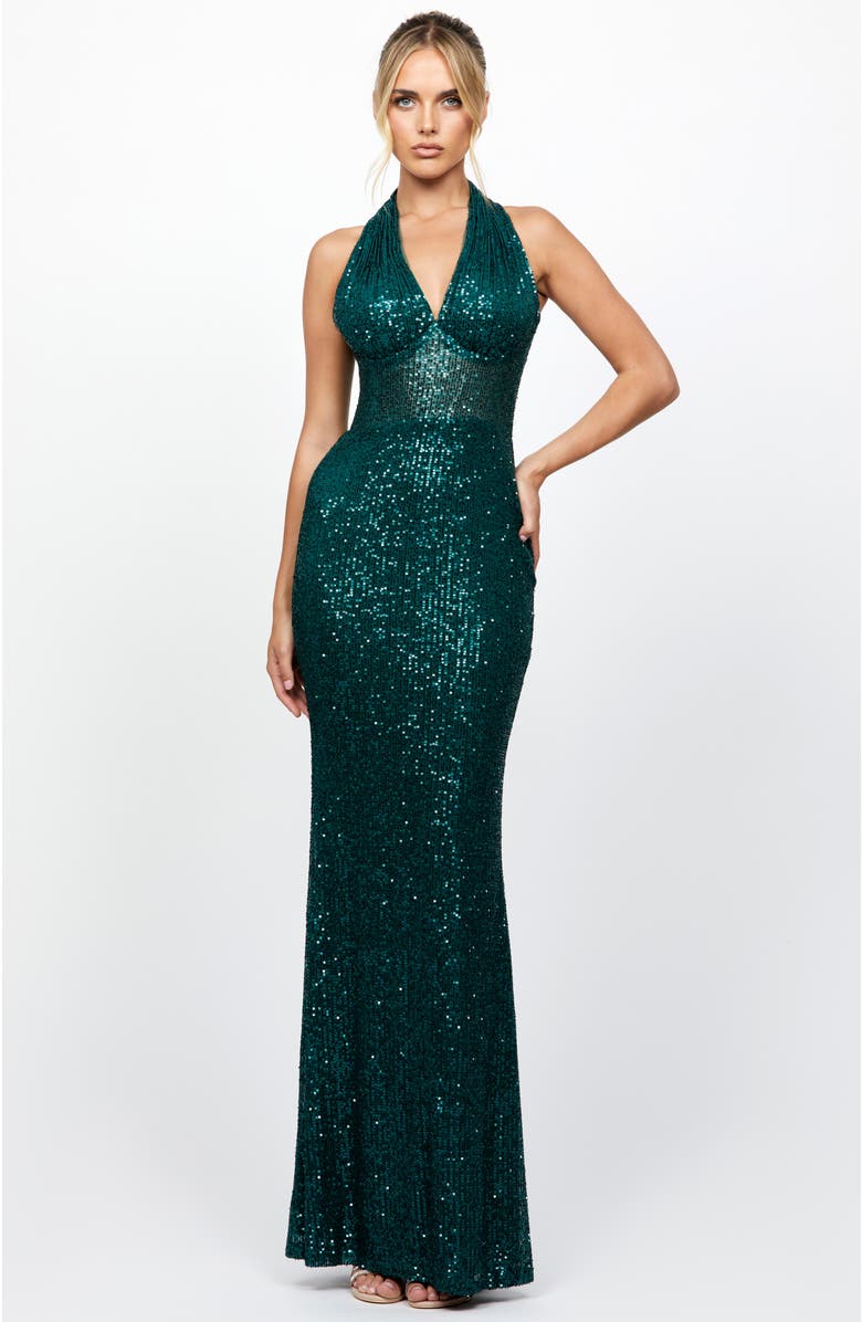 Bariano Shaylyn Sequin Halter Gown, Alternate, color, Emerald