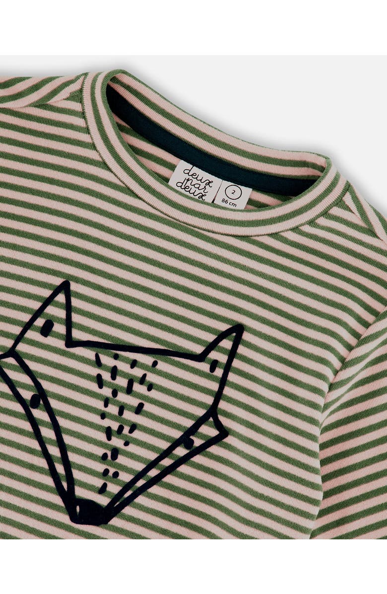 Deux par Deux Little Boy's Super Soft Striped T-Shirt With Print Green And Beige, Alternate, color, 