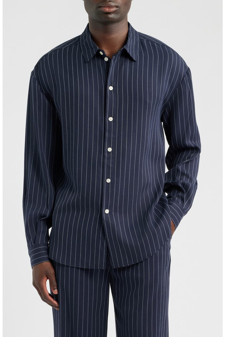 Long Pinstripe Button-Up Shirt, Main, color, DARK NAVY