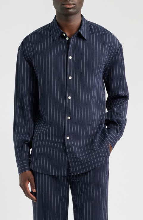 Long Pinstripe Button-Up Shirt