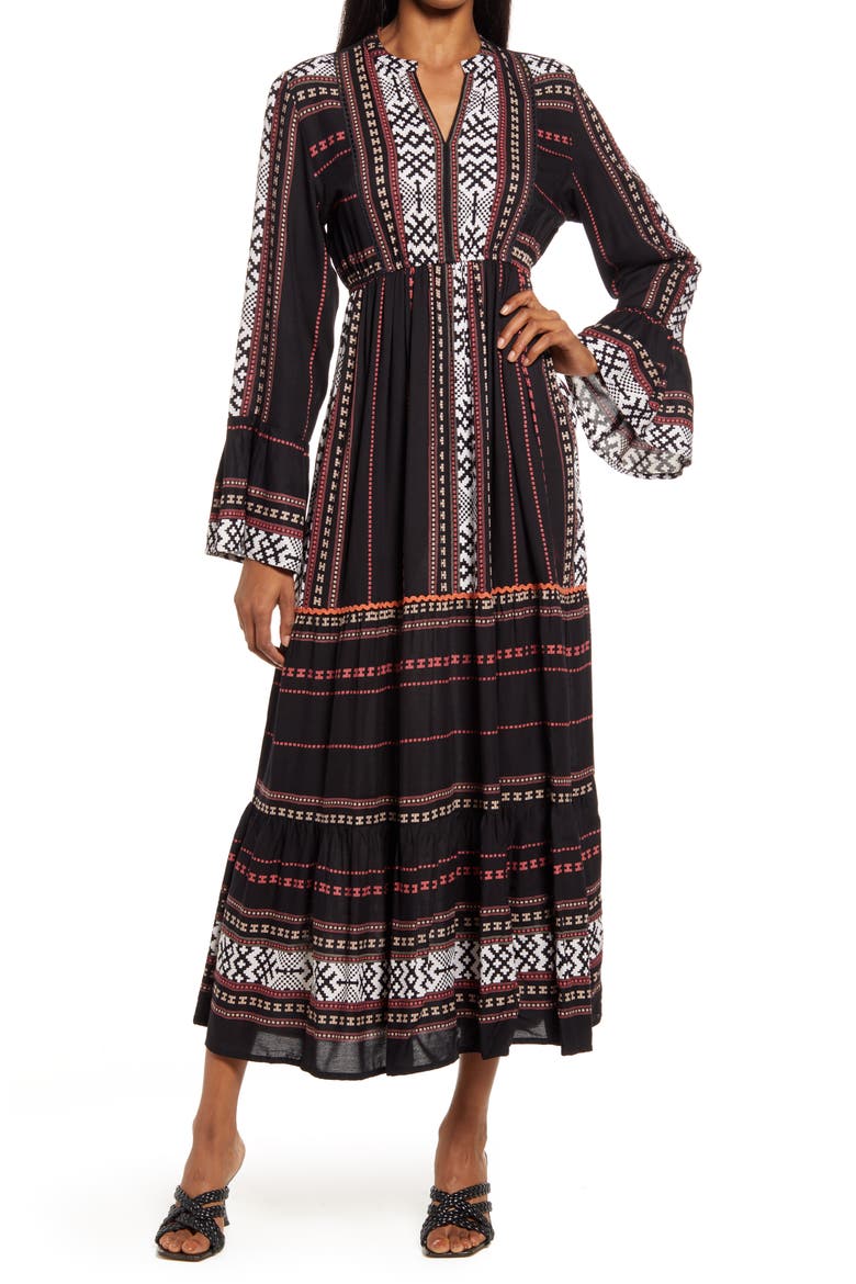 Hudson Southwest Border Print Long Sleeve Maxi Dress, Main, color, BLACK