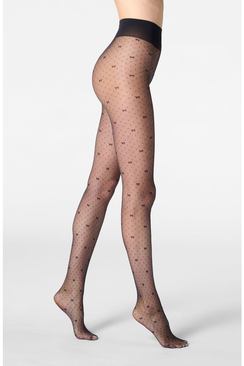 Graceful Bow Sheer Tights, Main, color, BLACK