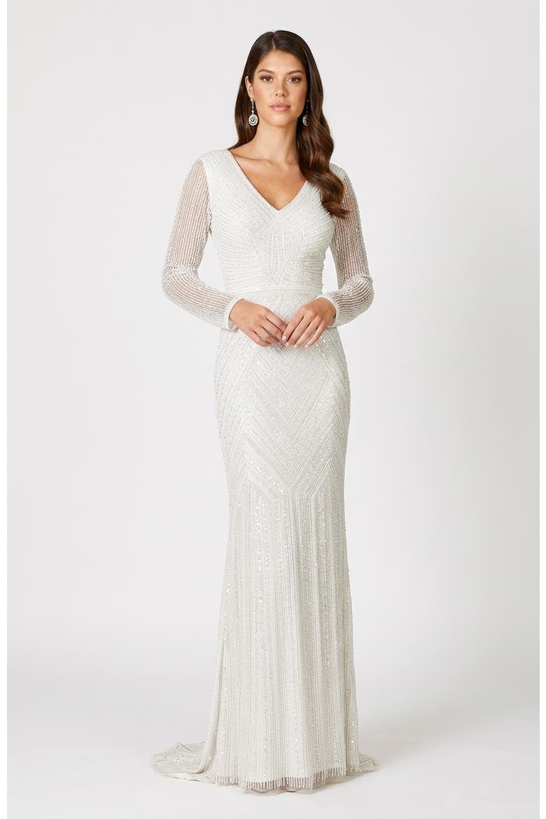 Finley Sheer Sleeve Wedding Gown, Alternate, color, Ivory