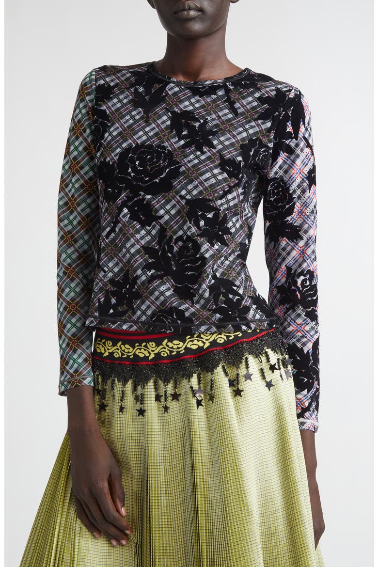 Picnic Plaid Flocked Mesh T-Shirt, Alternate, color, BLACK MULTI