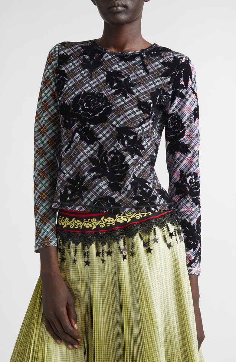 Chopova Lowena Picnic Plaid Flocked Mesh T-Shirt, Alternate, color, Black Multi