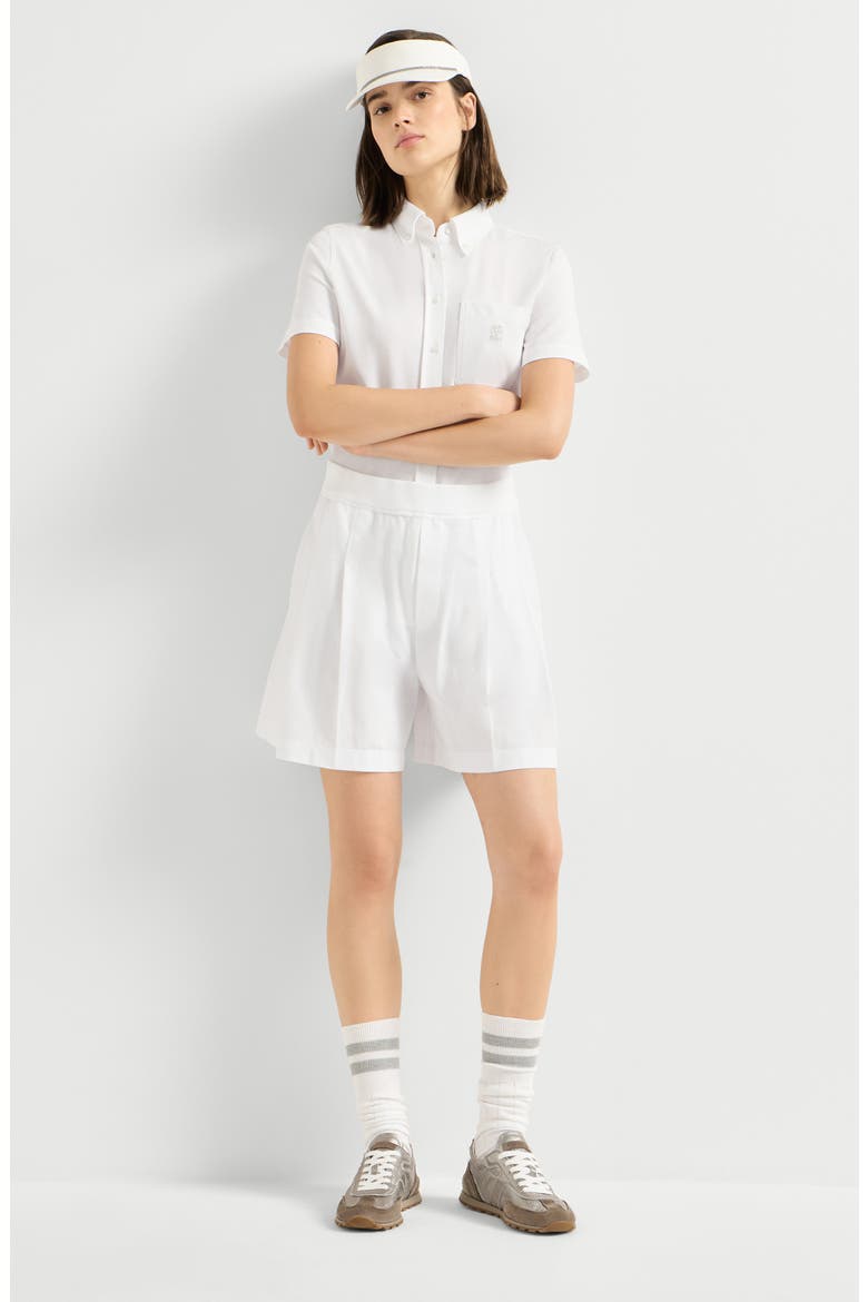 Stretch cotton piqué active shorts with logo, Alternate, color, White