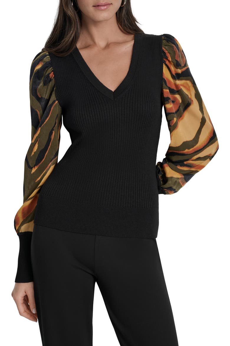 Rib Puff Shoulder Sweater, Main, color, BLACK/ UBRAN TIGER