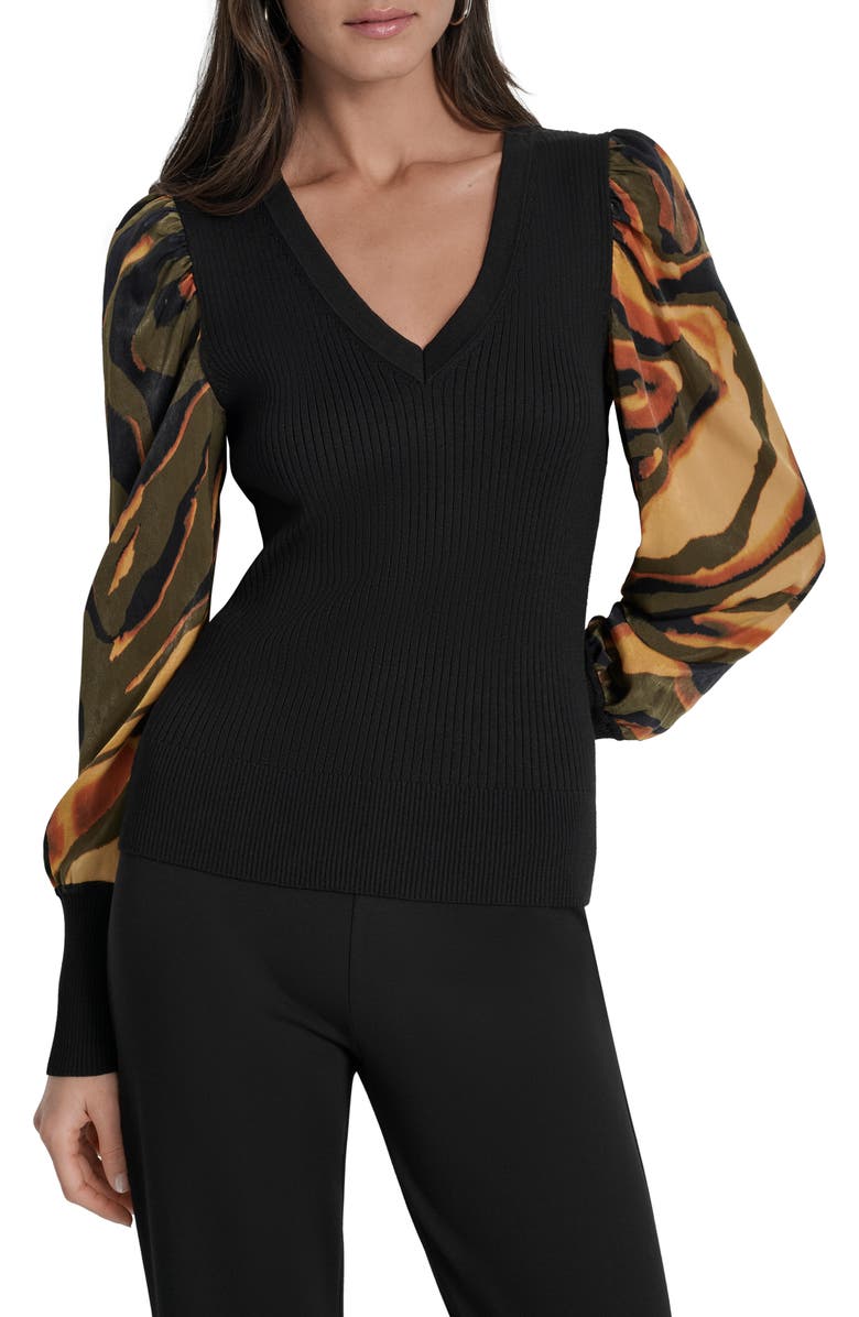 DKNY Rib Puff Shoulder Sweater, Main, color, Black/ Ubran Tiger